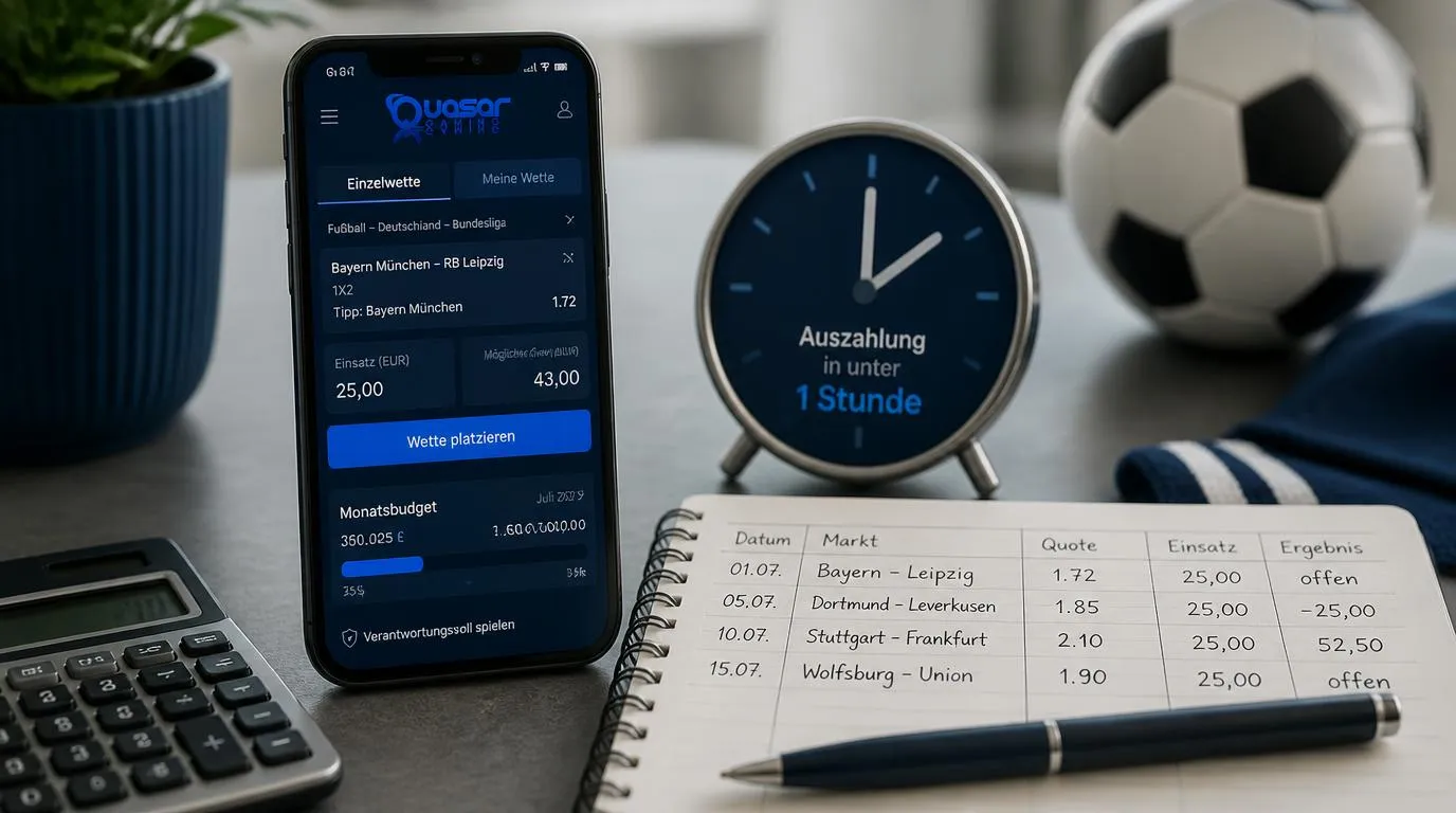 Sportwetten-Budget auf Smartphone mit Einsatzplan, Statistiknotizen und Fußball im Hintergrund
