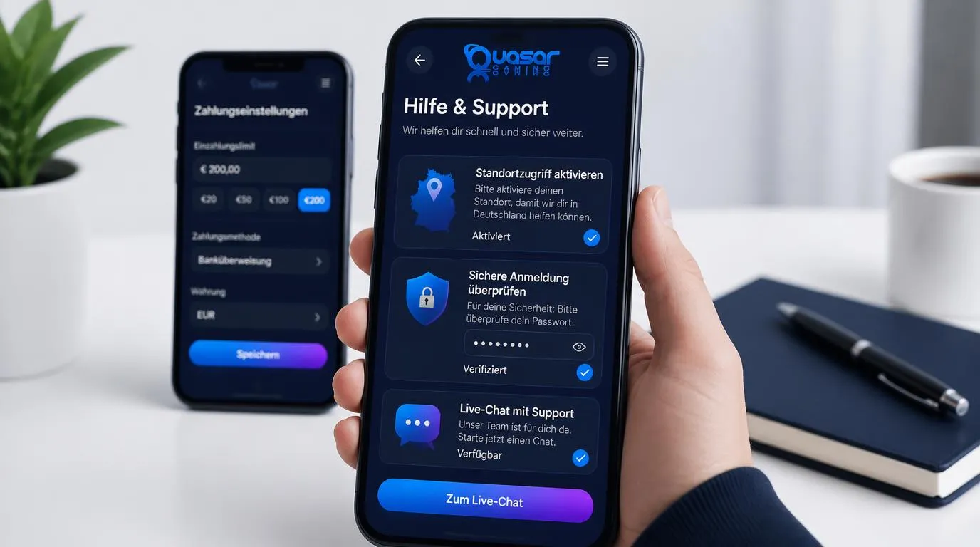 Smartphone mit Casino-App, Standortfreigabe, Login-Prüfung und aktivem Live-Chat