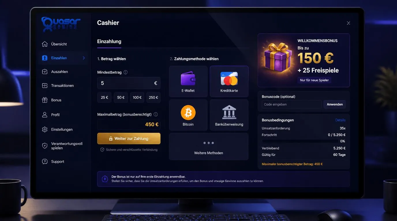 Casino-Kasse mit Einzahlung, Willkommensbonus und Auswahl verschiedener Zahlungsmethoden