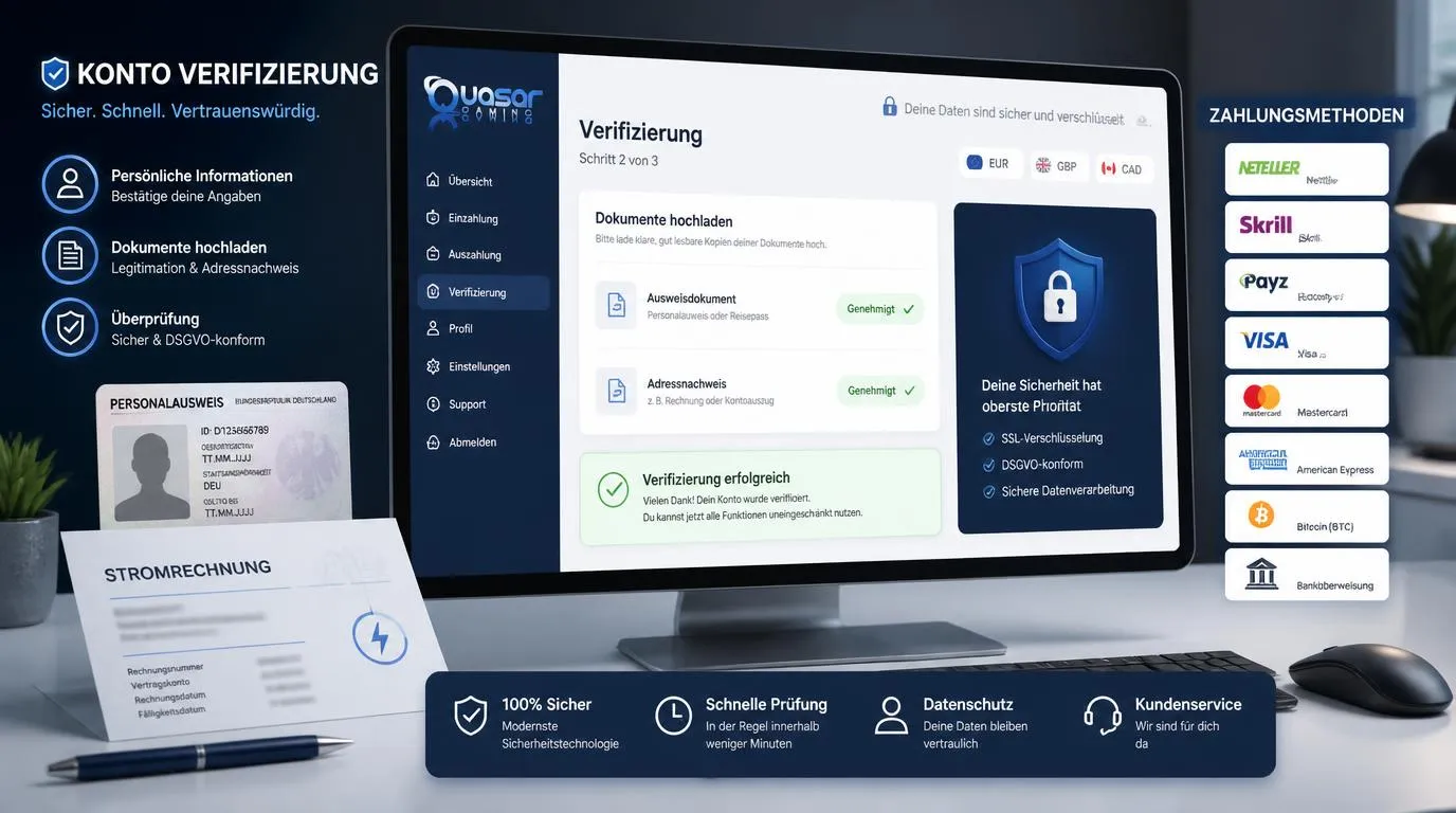 Verifizierungsbereich mit Ausweis, Adressnachweis und Symbolen für sichere Zahlungsoptionen