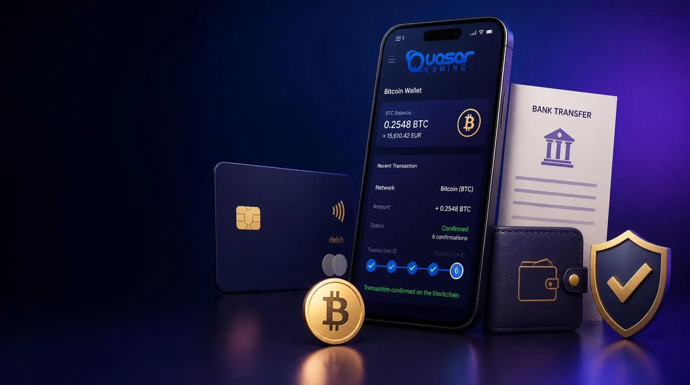 Smartphone mit Bitcoin-Wallet neben Karte, Banküberweisung und geschützter Zahlungsbestätigung