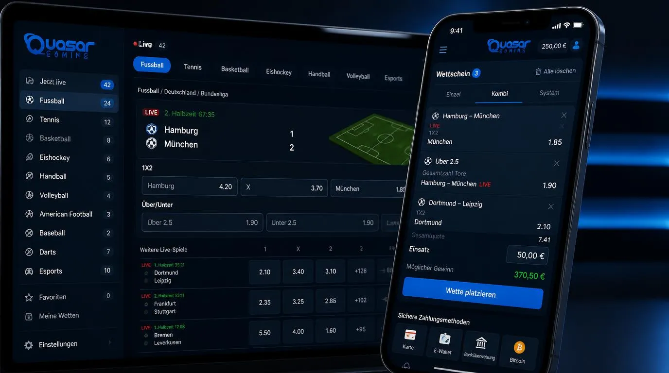 Live-Wettschein mit Fußballmärkten, Dezimalquoten und Einsatzfeld auf einem Smartphone