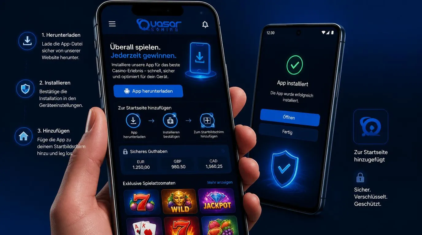 Smartphone mit Casino-App-Download, Homescreen-Shortcut und geschützter Kontoverwaltung in Euro