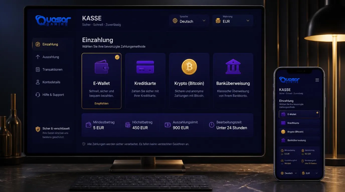 Casino-Kassenansicht mit E-Wallets, Kreditkarten, Bitcoin und Betragsfeldern in Euro