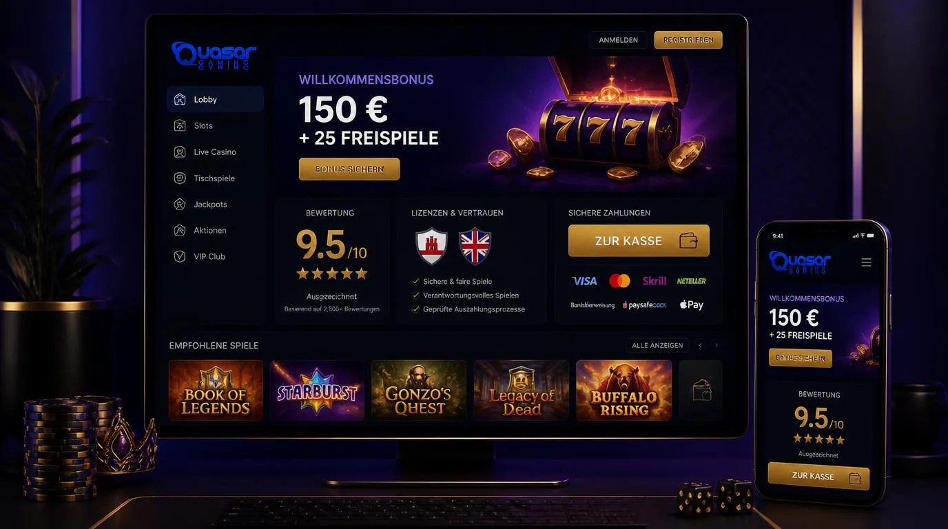 Casino-Dashboard mit Vertrauenssiegeln, hoher Bewertung und Zugang zum Zahlungsbereich