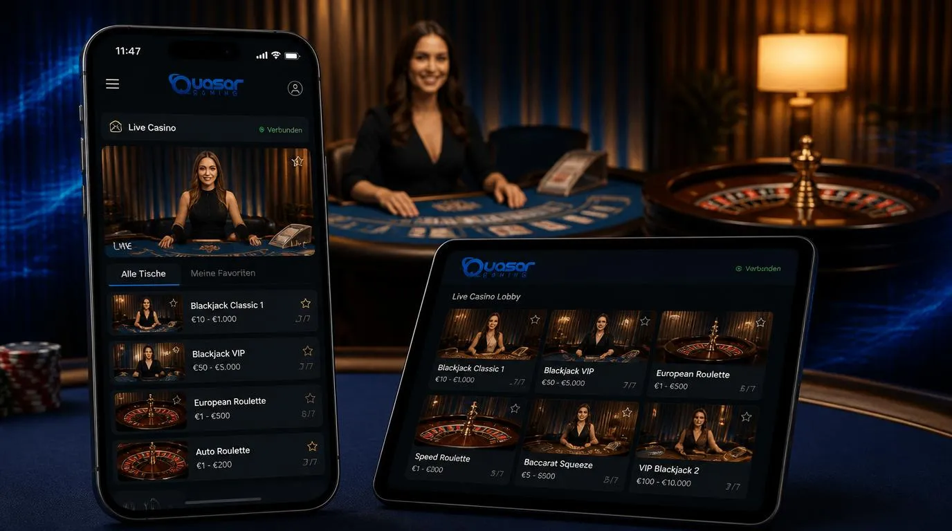 Mobiler Zugriff auf Live-Casino Tische mit Blackjack und Roulette in einer übersichtlichen Casino-Lobby