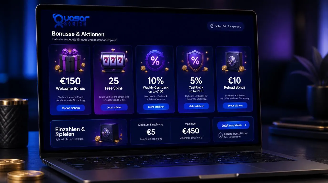 Casino-Bonusbereich mit 150 Euro Willkommensangebot, 25 Freispielen und wöchentlichen Cashback-Karten